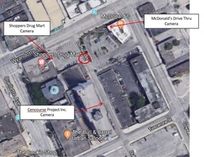 Cette image aérienne de Google Maps, incluse dans le rapport Matthew Mahoney du SIU du 28 février 2019, montre la zone de tournage, avec les emplacements des caméras de sécurité.