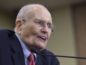 FILE - In this July 29, 2015 file photo, former Rep. John Dingell, D-Mich., speaks at an event marking the 50th Anniversary of Medicare and Medicaid on Capitol Hill in Washington. Former Michigan Rep. John Dingell, the longest-serving member of Congress in American history, has died. He was 92. Congresswoman Debbie Dingell says her husband died at his Dearborn home on Thursday, Feb. 7, 2019.