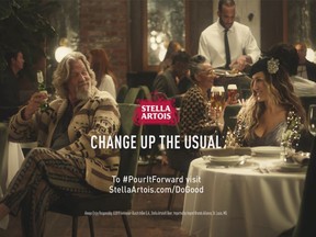 This undated image provided by Stella Artois shows a scene from the company's Super Bowl spot with Sarah Jessica Parker, right, and Jeff Bridges. Star power abounds in this year's Super Bowl ads. Sarah Michelle Gellar, for instance, is making a horror movie parody for Olay, while Jeff Bridges revives his "The Dude" character from "The Big Lebowski" in a pitch for Stella Artois.