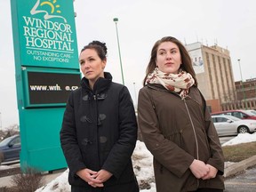 Julie Edwards (left) and Lauren Crowley (right), founders of Feminists for Action, stand near the Met Campus of Windsor Regional Hospital on Feb. 21, 2019. The newly formed feminist group is petitioning WRH to request "bubble-zone protection" from the province that would keep anti-abortion protesters 150 metres from the hospital property line.