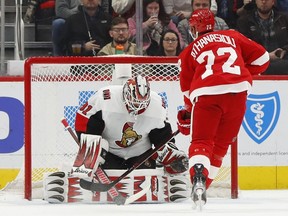 The Detroit Red Wings' Andreas Athanasiou scores on Ottawa Senators goaltender Anders Nilsson on a penalty shot in the first period on Thursday, Feb. 14, 2019, in Detroit.