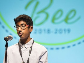 Rishi Damarla competes in the WFCU Scripps Regional Spelling Bee at the Chrysler Theatre, Saturday, February 23, 2019.  Damarla defeated runner-up Giavanna Patcas to claim first place.