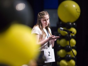 Runner-up Giovanna Patcas competes in the WFCU Scripps Regional Spelling Bee at the Chrysler Theatre, Saturday, February 23, 2019.