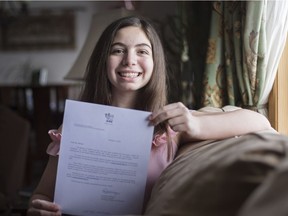 Maya Mikhael, 13, pictured with the letter confirming she will be receiving the Sovereign's Medal for Volunteering from the Governor General of Canada, at her home, Monday, February 18, 2019.