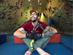 Windsor native Matthew Westlake, who just four years ago spent much of his time in a wheelchair, sits at the Canmore Bouldering Cave in Canmore. Alta., where he now trains as a world-class ice climber.