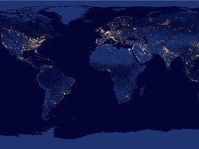 This handout image provided by NASA, taken in 2012, shows citylights worldwide. People are changing Earth so much with global warming and other pollution that many scientists are turning to a new way to describe the time we live in. They're calling it the Anthropocene _ the age of humans. Most non-experts don't realize it, but science calls the time we live in the Holocene, Greek for "entirely recent." The Holocene started nearly 12,000 years ago. But the way humans and their industries are altering the planet, especially its climate, have caused an increasing number of scientists to use the word Anthropocene to better describe when and where we are. (AP Photo/NASA)