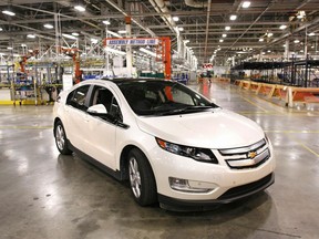 A GM Chevrolet Volt electric vehicle is shown at the General Motors Flint Engine Operations plant November 24, 2010 in Flint, Michigan. GM announced they will be investing more than $160 million at three plants in Michigan and Ohio, including the Flint plant, to increase production of their Ecotec 4-cylinder engines for vehicles such as the Chevy Volt and the Chevrolet Cruze.
