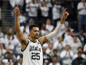 Kenny Goins of the Michigan State Spartans reacts after defeating the Michigan Wolverines 75-63 at Breslin Center on March 9, 2019 in East Lansing, Michigan.