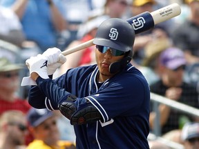 Manny Machado of the San Diego Padres during an MLB spring training game against the Milwaukee Brewers at Peoria Stadium on March 20, 2019 in Peoria, Arizona.