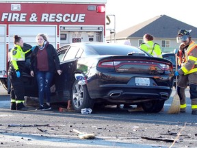 Windsor firefighters assist with the cleanup and rescue following a four-vehicle collision on E.C. Row Expressway at Banwell Road.  Essex-Windsor EMS paramedics transported several crash victims to hospital with non life-threatening injuries.