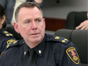 Windsor Police Deputy Chief Brad Hill, right, during a Windsor Police Services Board meeting on October 25, 2018. Hill is the subject of a complaint to the Ontario Human Rights Commission by a veteran officer.