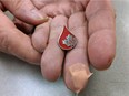 In you to give. Michael Drakich of Windsor holds the pin he received at the Canadian Blood Services building in Windsor on March 22, 2019, for donating blood 100 times. Drakich has been donating blood in the city for 38 years. His finger is bandaged where a nurse pricked his finger to test his hemoglobin levels before drawing his blood.