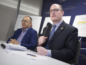 Mayor Drew Dilkens, right, is joined by Chief Administrative Officer, Onorio Colucci, as they unveil the proposed 2019 budget at City Hall, Wednesday, March 6,  2019.