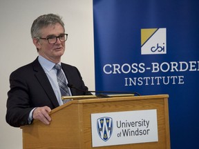 Bill Anderson, director of the University of Windsor's Cross-Border Institute, explains what research his organization will be able to do with Scotiabank's $500,000 donation over the next five years at the Joyce Entrepreneurship Centre on Feb. 28, 2019