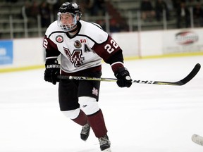 Chatham Maroons' Nolan Gardiner plays against the London Nationals in the third period at Chatham Memorial Arena in Chatham, Ont., on Sunday, Sept. 23, 2018. Mark Malone/Chatham Daily News/Postmedia Network