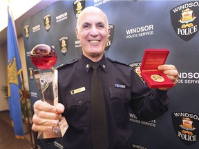 Windsor Police Chief Al Frederick is shown with awards he received on Monday, March 25, 2019, from the Special Olympics Ontario organization. The Chief received a Special Olympics 50th Anniversary Medallion-Builder Award which is given to a person who exemplifies leadership, dedication, perseverance and has had a significant impact as a contributor to the Special Olympic movement.