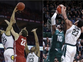 FILE - At left, in a Feb. 12, 2019, file photo, Michigan States's Kenny Goins (25) blocks a shot by Wisconsin's Ethan Happ (22) as Michigan State's Xavier Tillman (23) looks on during the second half of an NCAA college basketball game in Madison, Wis. At right, in a Dec. 16, 2018, file photo, Michigan States's Xavier Tillman, right, blocks a shot by Green Bay's ShanQuan Hemphill (10) during the first half of an NCAA college basketball game, in East Lansing, Mich. Michigan State and Michigan reached the Sweet 16 on the strength of their defense, so the two rivals have that in common, at least. But the Spartans and Wolverines have slightly different ways of shutting down opponents.