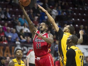 Windsor's Chris Jones drives to the basket in NBLC action between the Windsor Express and the London Lightning at the WFCU Centre, Wednesday, March 13, 2019.