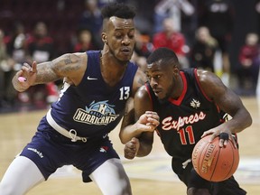 Joel Kindred, left, of the Halifax Hurricanes pressures Chris Jones of the Windsor Express during Wednesday's game at the WFCU Centre.
