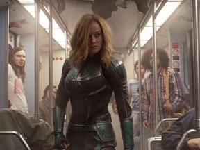 This image released by Disney-Marvel Studios shows Brie Larson in a scene from "Captain Marvel." (Disney-Marvel Studios via AP)