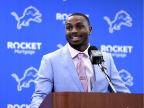 Detroit Lions cornerback Justin Coleman speaks  during a press conference at the NFL football team's training facility in Allen Park on March 14, 2019.