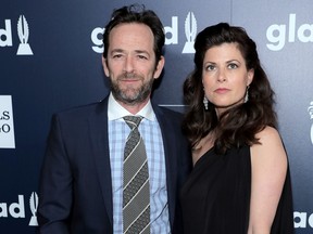 Luke Perry and Wendy Madison Bauer celebrate achievements in the LGBTQ community at the 28th Annual GLAAD Media Awards, sponsored by LGBTQ ally, Ketel One Vodka, in Beverly Hills on April 1, 2017. (Neilson Barnard/Getty Images for Ketel One Vodka)