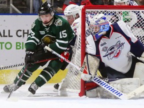 Kari Piiroinen, at right, and seen trying to stop Cole Tymkin, will get the start in goal for the Windsor Spitfires in Game 1 against the London Knights. on Friday at Budweiser Gardens.