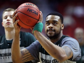 Michigan State forward Nick Ward shoots a free throw during practice at the NCAA men's college basketball tournament on March 20, 2019, in Des Moines, Iowa. Michigan State plays Bradley on Thursday.