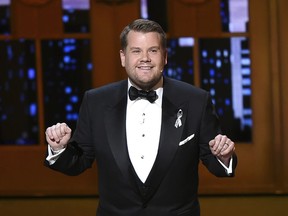 FILE - This June 12, 2016 file photo shows James Corden hosting the Tony Awards in New York. Corden is returning to host the 73rd annual Tony Awards. The American Theatre Wing on Tuesday, March 19, 2019, announced the host of CBS' "The Late Late Show" will preside over Broadway's biggest night which honors the season's best plays and musicals.