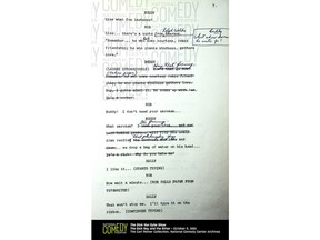 This undated photo provided by the National Comedy Center shows a page from the script of a "Dick Van Dyke Show" episode from Oct. 3, 1961 called "The Sick Boy and the Sitter." Hollywood producer Carl Reiner and the National Comedy Center say they're working together to digitally preserve Reiner's collection of scripts from the 1960's "The Dick Van Dyke Show." Reiner, who turned 97 on Tuesday, March 19, 2019, says creating and producing the comedy is the theatrical project he's most proud of. (National Comedy Center via AP)