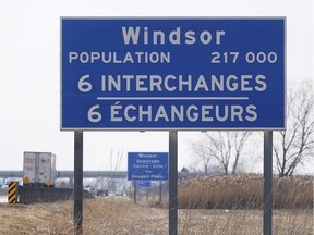 WINDSOR, ON. MARCH 28, 2019. --  A population sign for the city of Windsor is shown on the 401 Highway near Walker Rd. on Thursday, March 28, 2019.