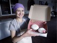 Jordynne Ropat, owner of Plant Joy displays a couple vegan paczkis at the Little Foot Foods restaurant in Windsor on Monday, March 4, 2019.