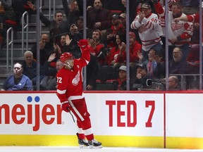 Detroit Red Wings center Andreas Athanasiou celebrates his shootout goal against the New York Rangers during an NHL hockey game Thursday, March 7, 2019, in Detroit. Detroit won 3-2.