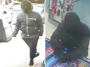 Security camera images of the robbers of convenience stores in the 1800 block of Drouillard Road early March 2, 2019 (left) and in the 1600 block of Tecumseh Road East early March 4, 2019 (right).