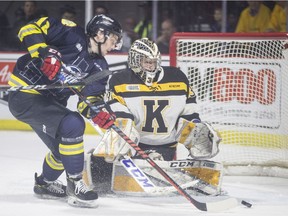 WINDSOR, ONT:. MARCH 3, 2019 - Windsor's Ben Garagan misses on a scoring opportunity on Kingston goalie, Marshall Frappier, in the first period of OHL action between the Windsor Spitfires and the Kingston Frontenacs at the WFCU Centre, Sunday, March 3, 2019.