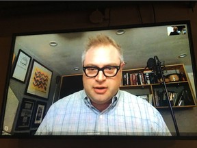 Former Barenaked Ladies front man Steven Page speaks via Skype to a press conference March 6, 2019, at the Windsor Star News Cafe about being a guest speaker on mental illness at the upcoming Breakfast of Champions, sponsored by the Canadian Mental Health Association for Windsor-Essex County. Photo: Lindsay Charlton.