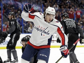 Washington Capitals right wing T.J. Oshie (77) celebrates his goal against the Tampa Bay Lightning during the first period of an NHL hockey game Saturday, March 30, 2019, in Tampa, Fla.