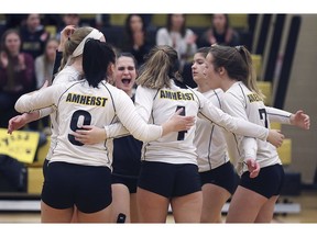 General Amherst Bulldogs celebrate a point during Tuesday's quarter-final match.