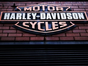 The Harley Davidson logo is displayed on a building at the New York store on March 8, 2018 in New York City.