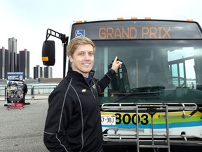 NTT IndyCar Series driver Spencer Pigot endorses the use of Transit Windsor at Thursday's media event at Windsor's Riverfront Festival Plaza.