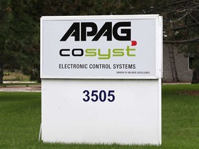 The sign at APAG Elektronik Corp.'s facility at 3505 Rhodes Dr. in Windsor.  Photographed October 2018.