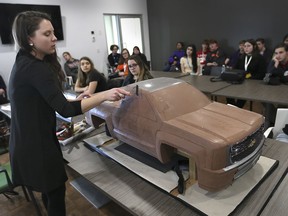 Over 200 local high school students attended the first ever Cultural Industry Day on Wednesday, April 3, 2019, at the Central Parks Athletics in Windsor, ON. The event sponsored by the Arts Council Windsor featured workshop and learning events that provided a look at careers in the creative arts field. Chelsea Greenwell, a concept developer and digital modeller demonstrates clay model sculpting techniques during the event.