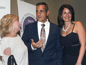Local philanthropist Al Quesnel is shown with Karen Waddell, left, executive director of the House of Sophrosyne and Lisa Tayfour, the organization's chair of the capitol campaign at the Windsor-Essex Regional Chamber of Commerce's 29th Annual Business Excellence Awards at Caesars Windsor on Wednesday, April 24, 2019. Quesnel announced a $1 million dollar donation to the organization.