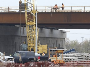 Construction work for the Gordie Howe International Bridge project is shown on Tuesday, April 30, 2019 in Windsor.