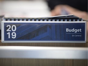 A binder containing the 2019 budget is seen at a special City Council meeting on the  2019 Operating and Capital Budget, Monday, April 1, 2019.