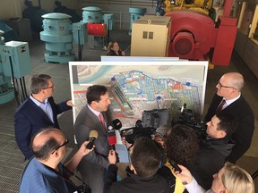 Marco Mendicino, centre, parliamentary secretary for the Minister of Infrastructure and Communities, announces $32 million funding for Windsor flood protection. The photo was taken Thursday, April 18, 2019, during an announcement inside the St.Paul pumping station.
