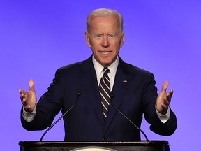 In this April 5, 2019 photo, former Vice President Joe Biden speaks at the International Brotherhood of Electrical Workers construction and maintenance conference in Washington.