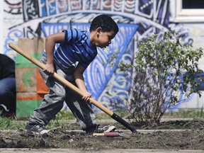 Yeshua Brunice, 7, prepares for some planting at the community garden during the Ford City Earth Day Celebration event on Monday, April 22, 2019.