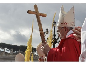 Pope Francis arrives to celebrate Palm Sunday Mass in St. Peter's Square at the Vatican, Sunday, April 14, 2019. The Roman Catholic Church enters Holy Week, retracing the story of the crucifixion of Jesus and his resurrection three days later on Easter Sunday.