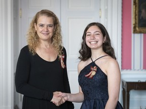 Ottawa, Ontario, Canada  Her Excellency presented the the Sovereign's Medal for Volunteers to Maya Maria Mikhael.  Her Excellency the Right Honourable Julie Payette, Governor General of Canada, presented honours to 39 recipients during a ceremony at Rideau Hall on April 25, 2019.